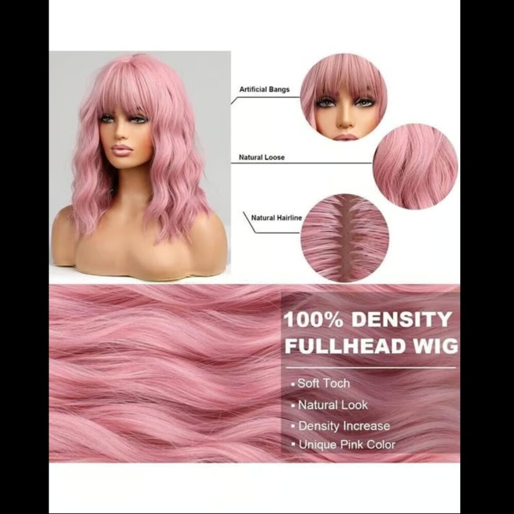 14” Short Pink Curly Wig - Picture 3 of 3